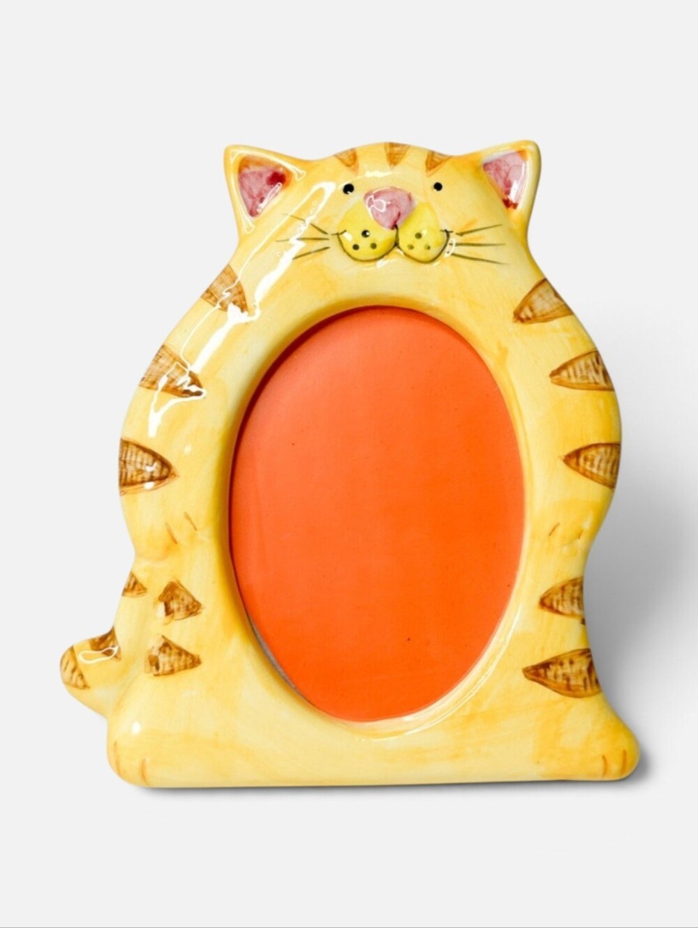 Vintage Orange Striped Fat Cat Ceramic Painted Oval Picture Frame